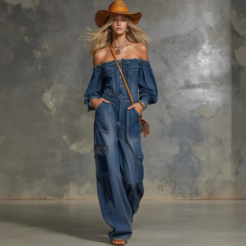 Off-Shoulder Wide-Leg Denim Jumpsuit with Pockets