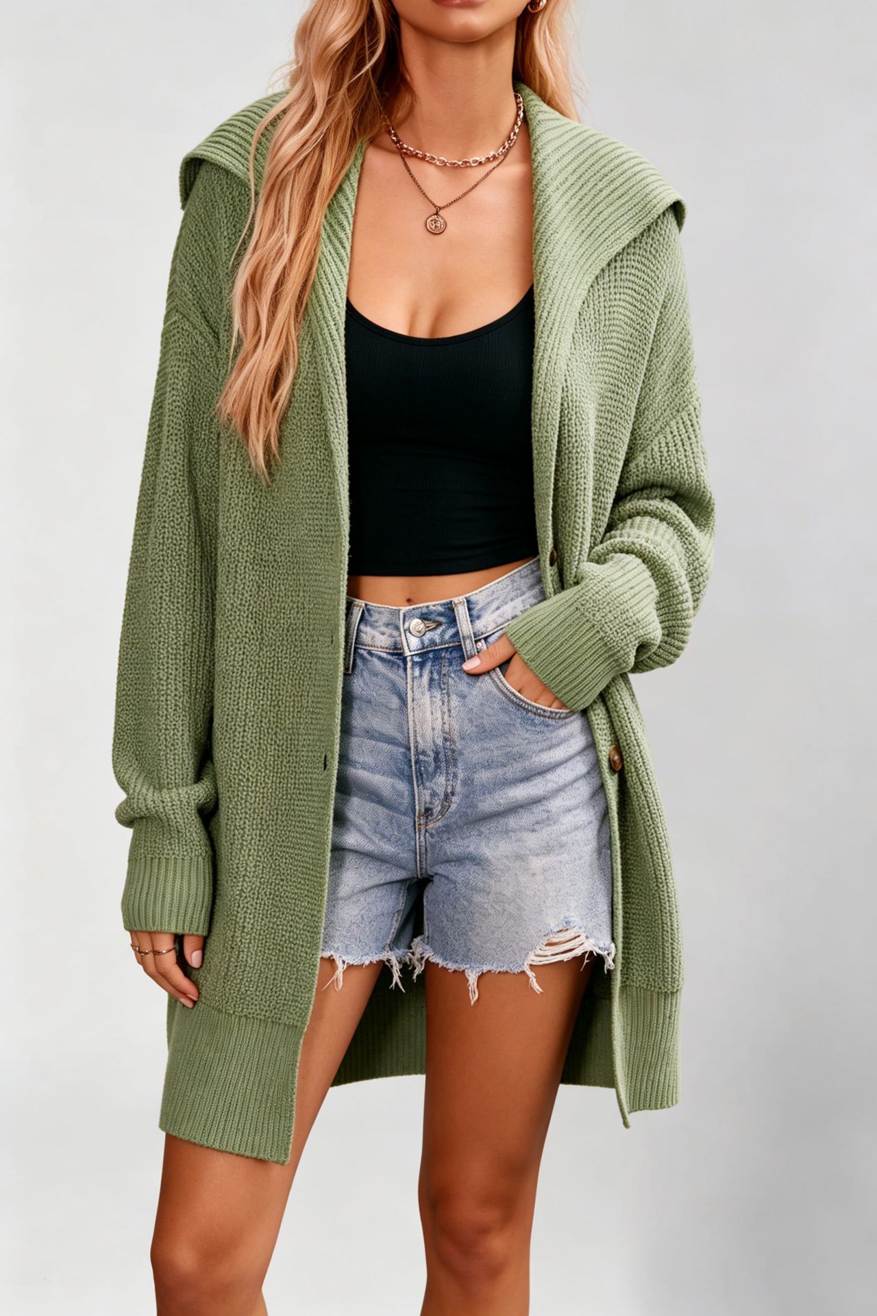 Women's Solid Color Collared Button-Front Midi Cardigan Sweater