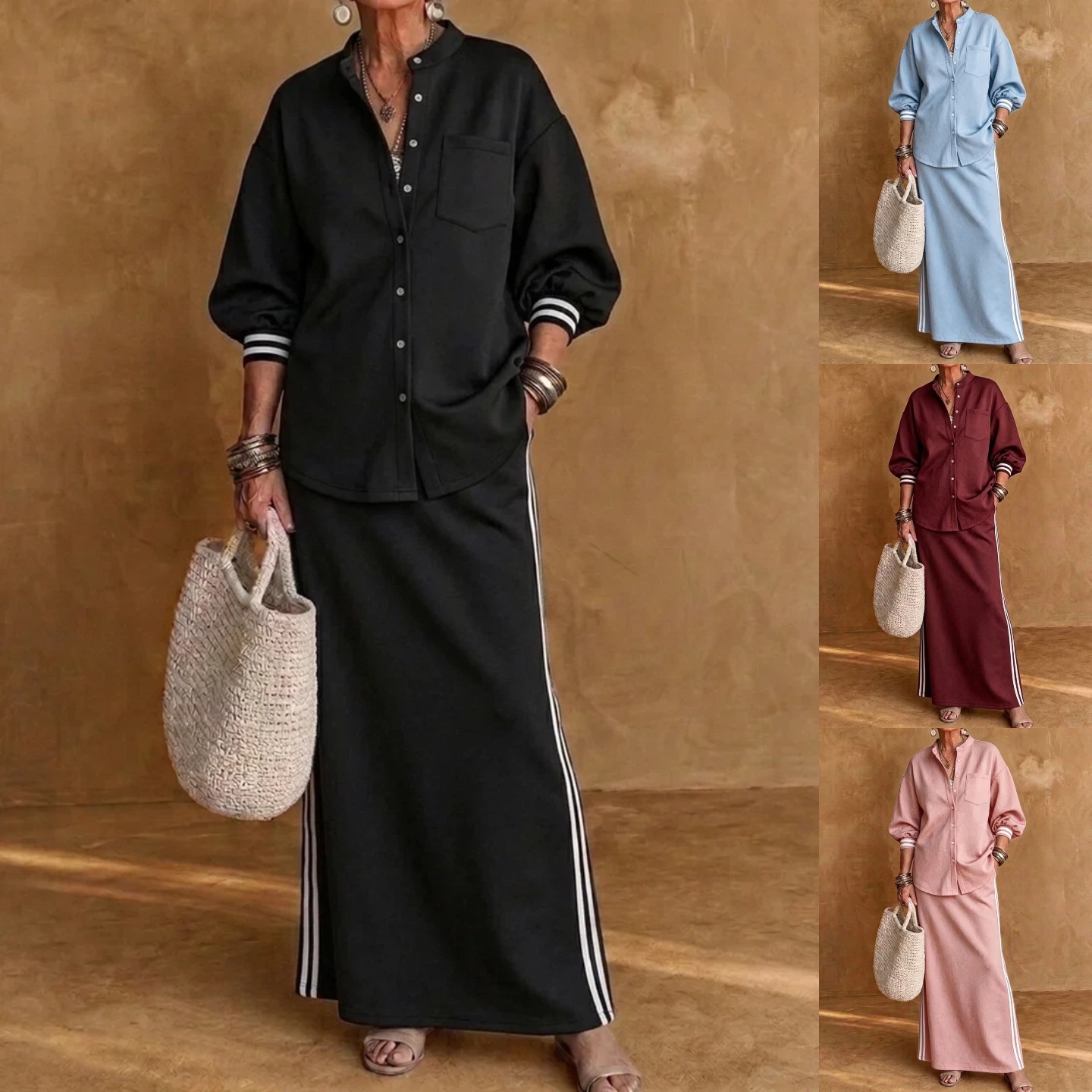 Women's Button-Up Collared Shirt and Striped Midi Skirt Two-Piece Set