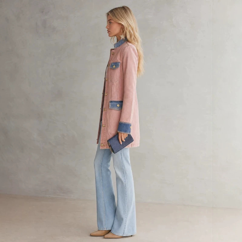 Retro Pink Denim Jacket for Women Casual Mid-Length