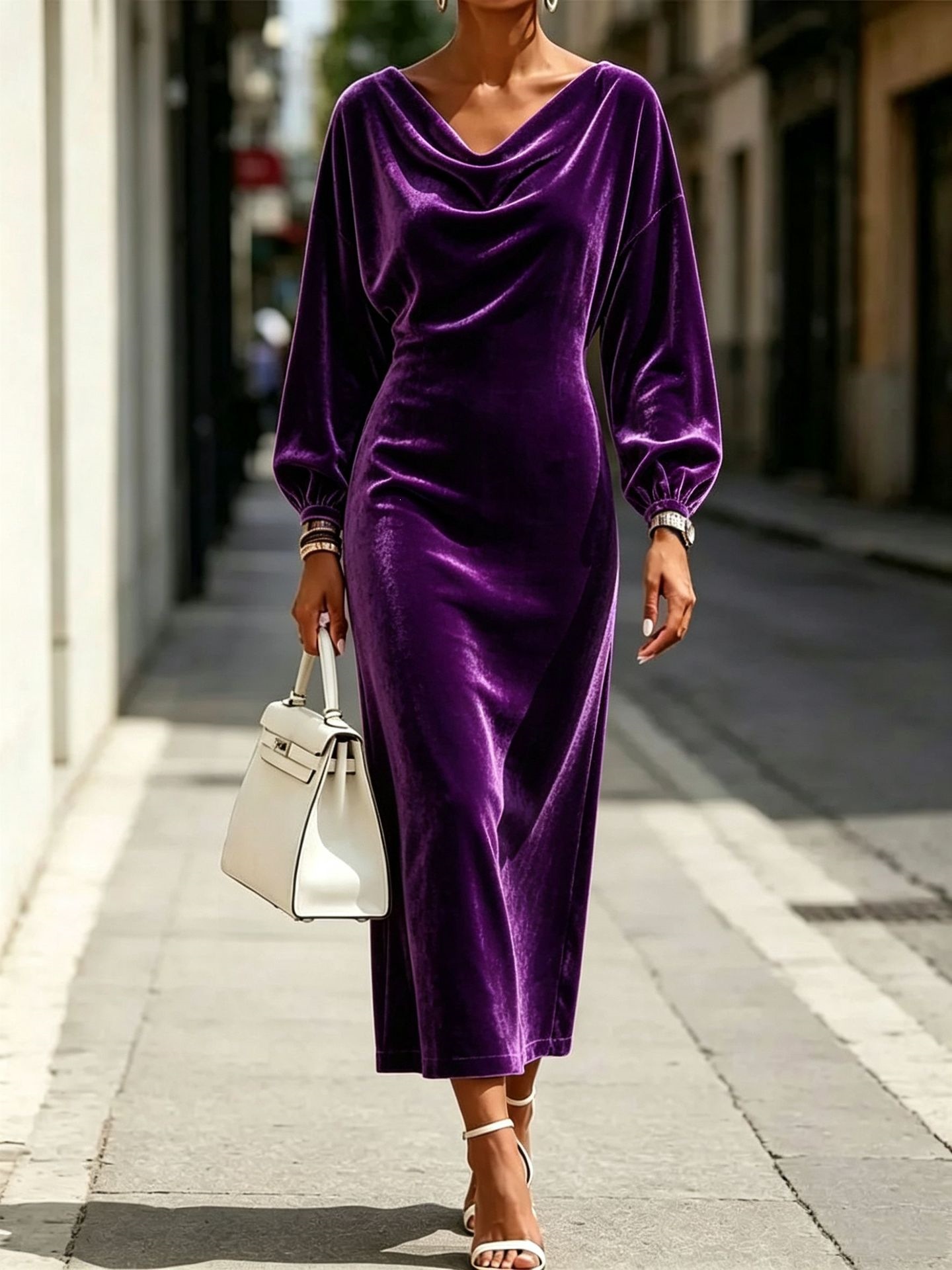 Velvet Lantern Sleeve Cowl Neck Long Sleeve Dress
