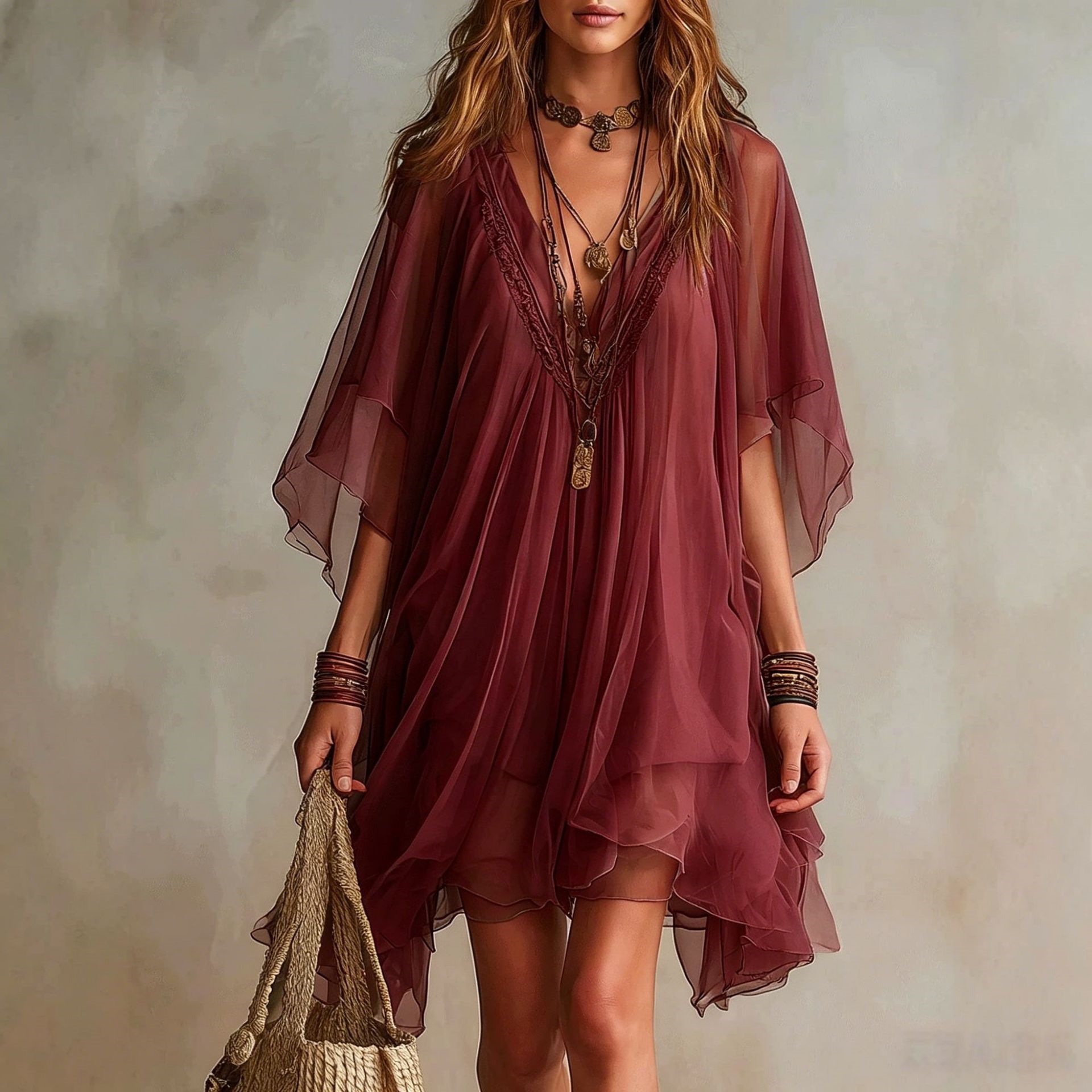 Women's V-Neck Chiffon Two-Piece Dress Set with Loose Beach Cover-Up
