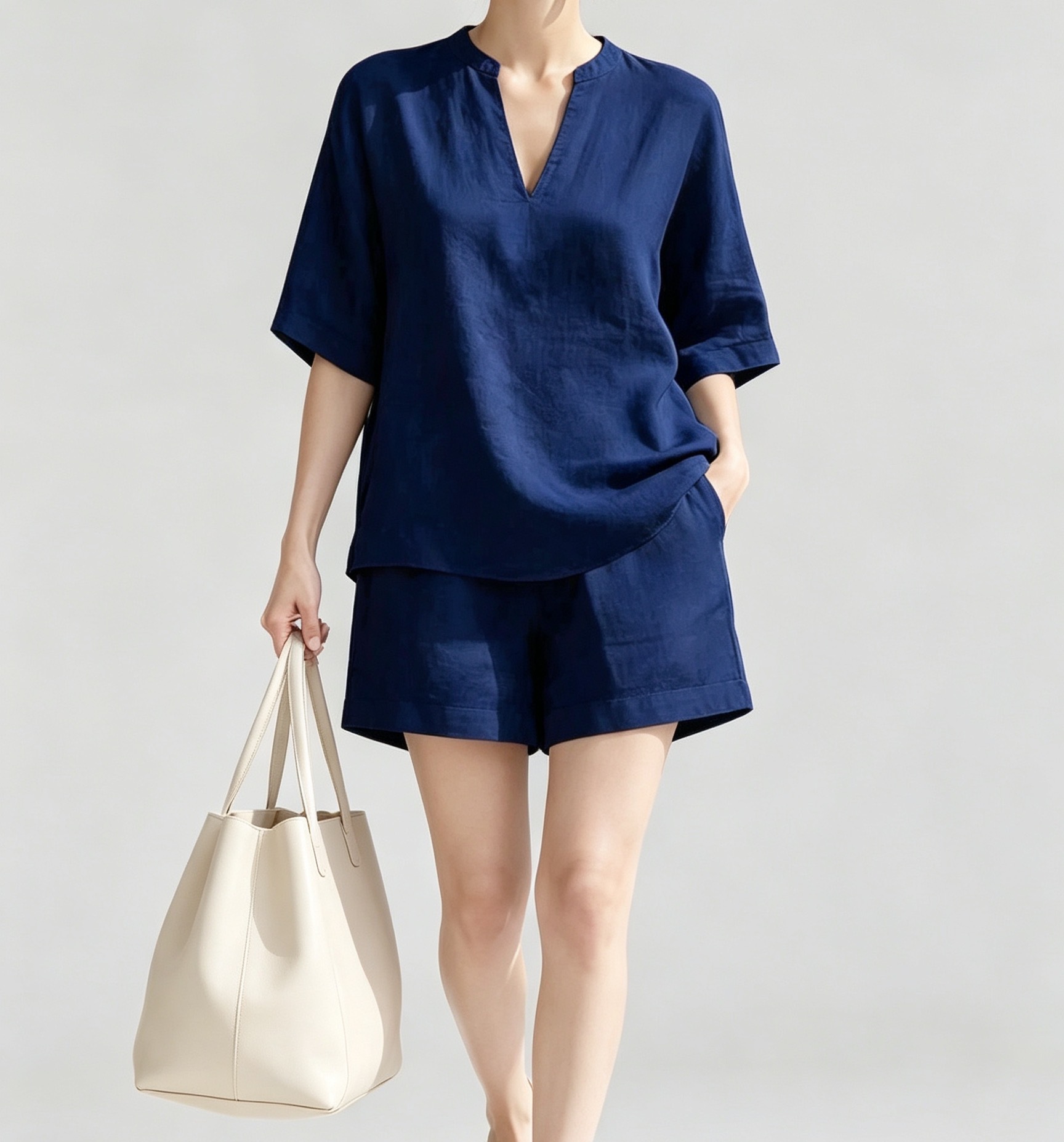 Solid V-Neck Linen-Blend Top and Shorts Two-Piece Set