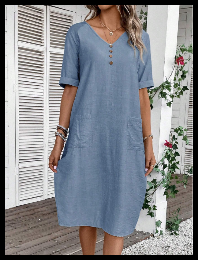 Women's V-Neck Loose Cotton Linen Midi Dress
