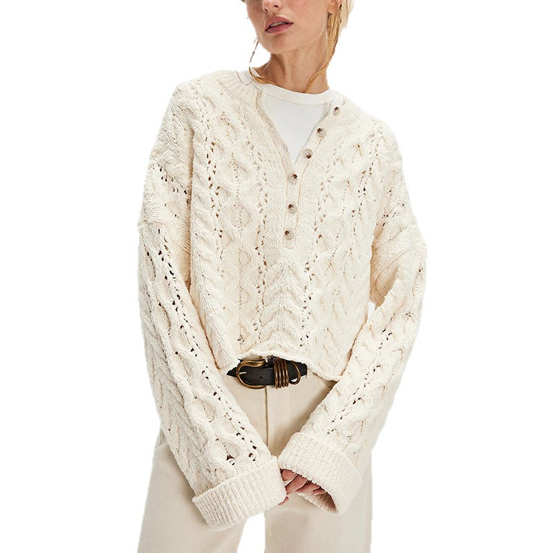 Cable-Knit Button-Trim Pullover Sweater