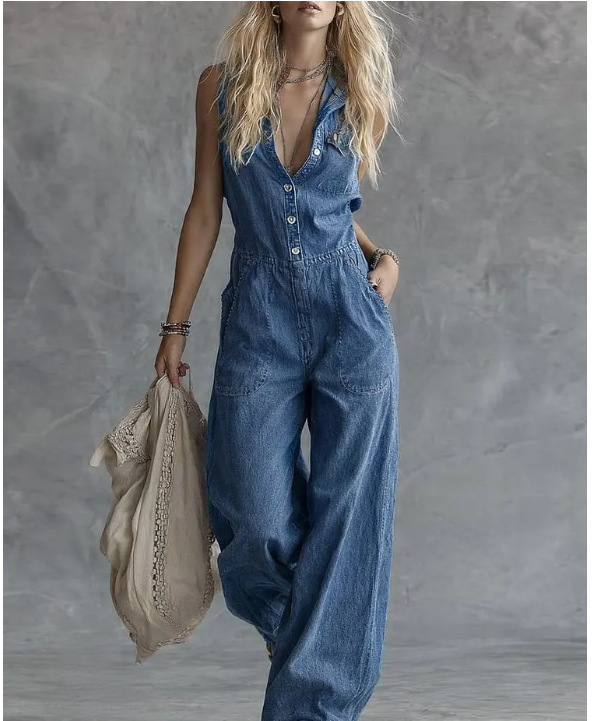 Washed Denim Sleeveless Straight-Leg Jumpsuit with Pockets