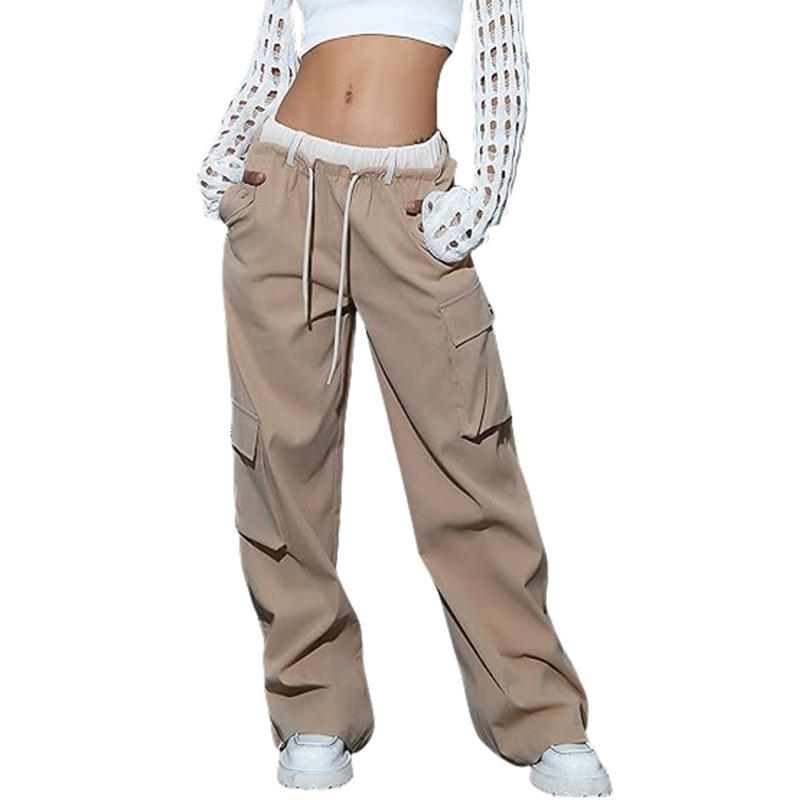 Drawstring Wide-Leg Cargo Pants with Color-Block Multi-Pockets