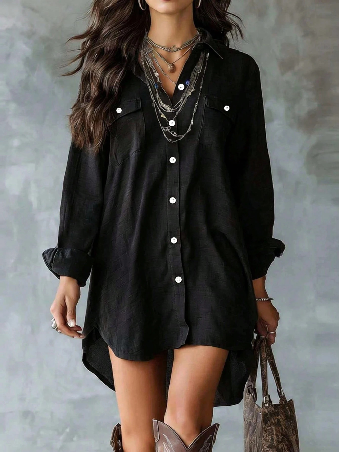 Cotton-Linen Long-Sleeve Button Shirt Dress with Slit