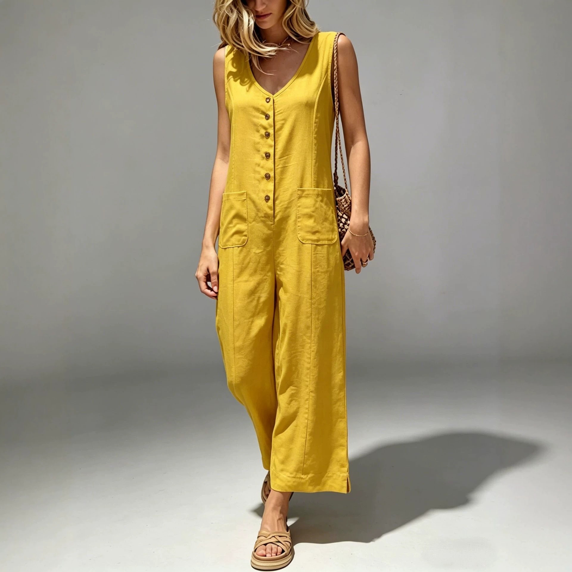 Women's Sleeveless Button-Front Wide-Leg Jumpsuit with Pockets