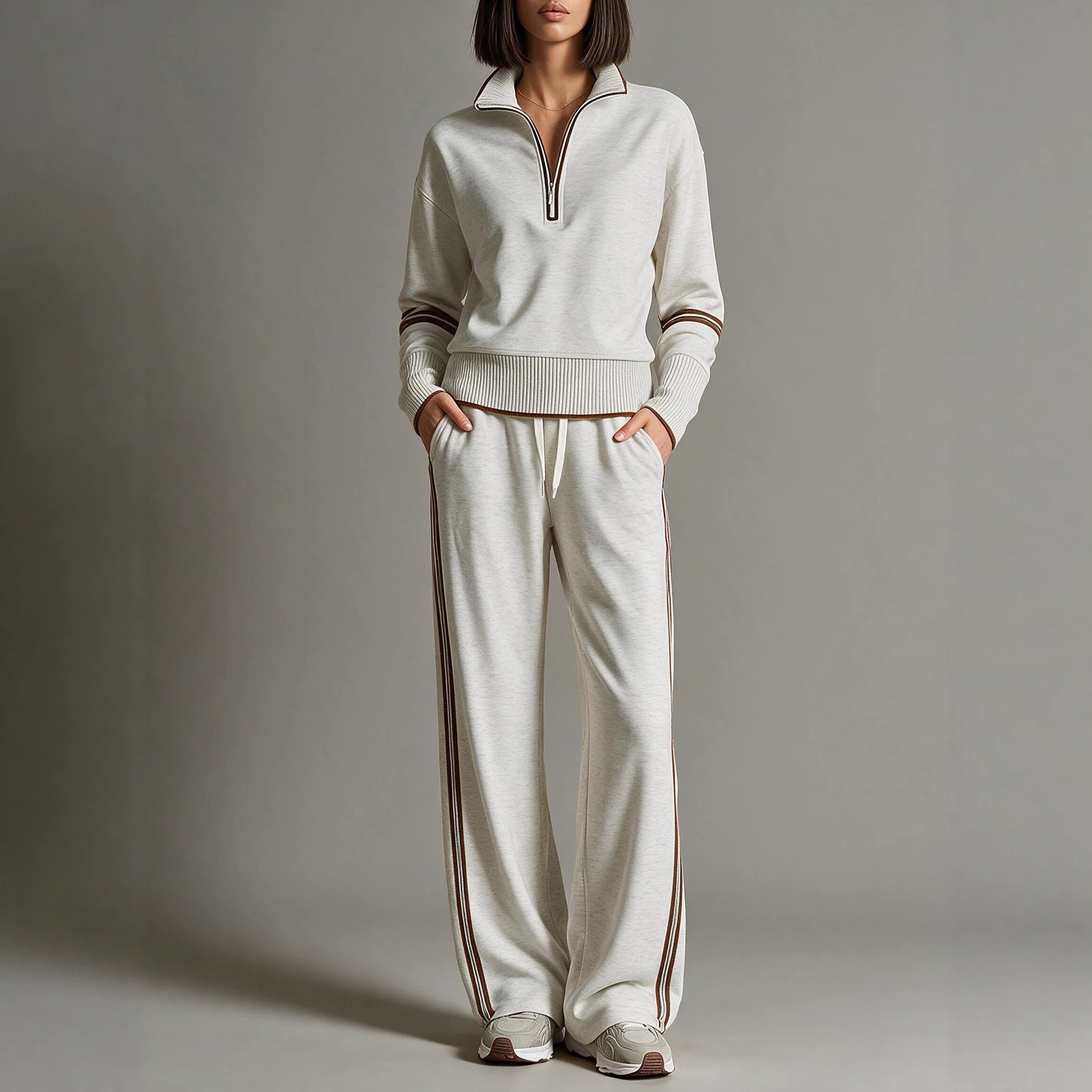 Colorblock Stand Collar Hoodie & Wide-Leg Pants Two-Piece Set