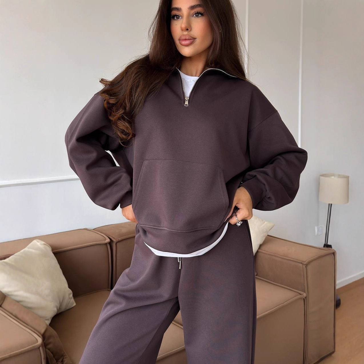 Women's Cotton Blend Zip Collar Pullover Hoodie and Wide-Leg Pants Two-Piece Set