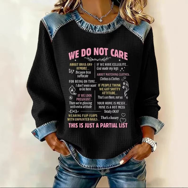 3D Digital Print Denim-Trim Crewneck Sweatshirt