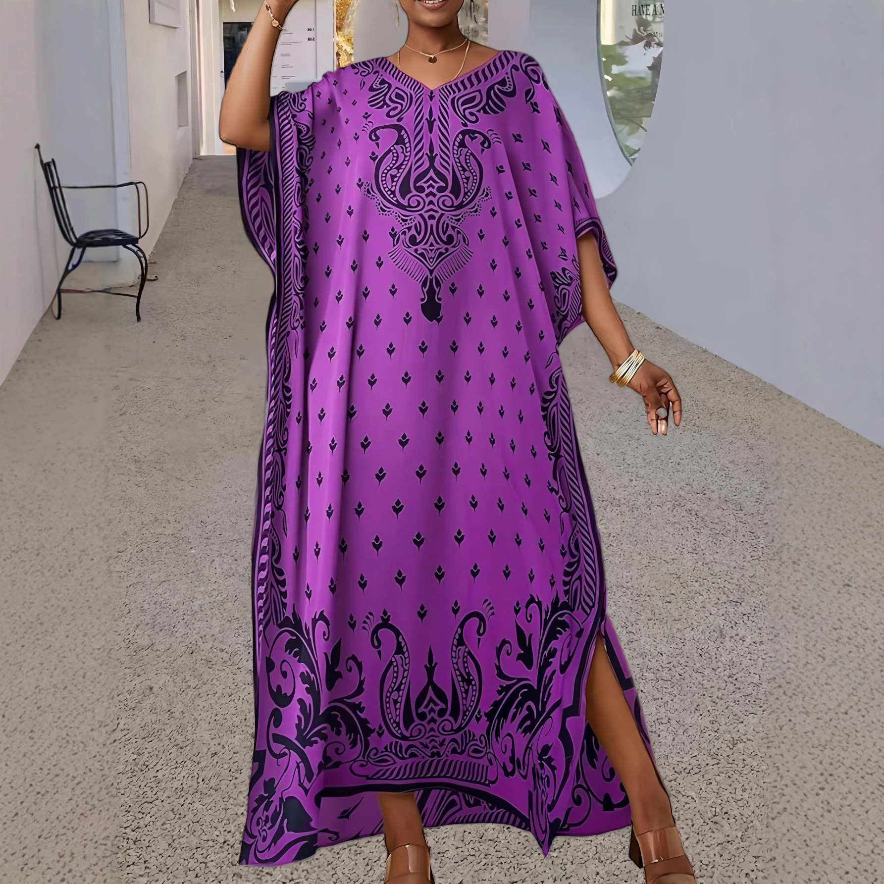 Women's Loose V-Neck Printed Long Sleeve Maxi Robe