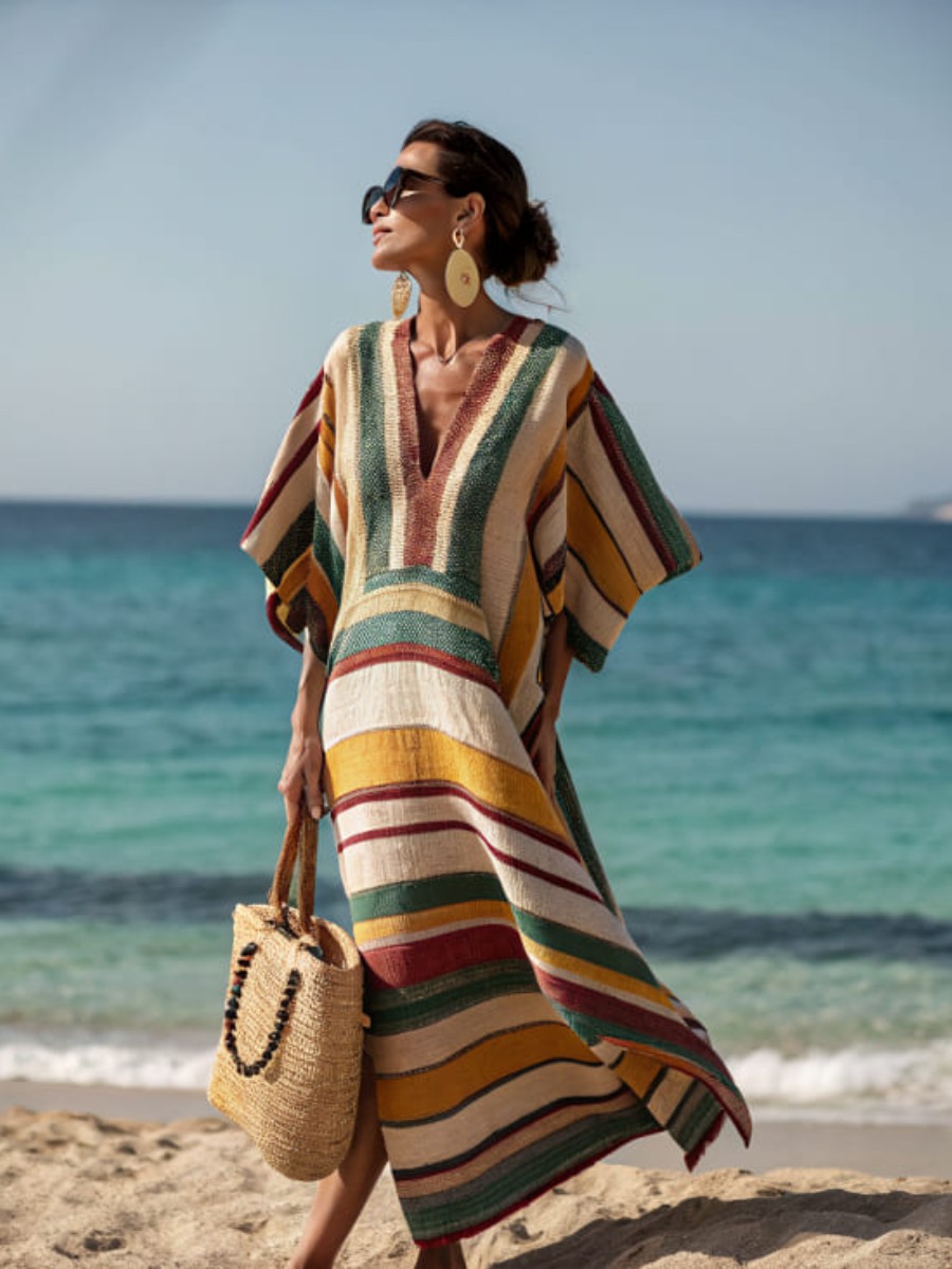 Women's Colorful Striped V-Neck Half-Sleeve Slit Kaftan Maxi Dress