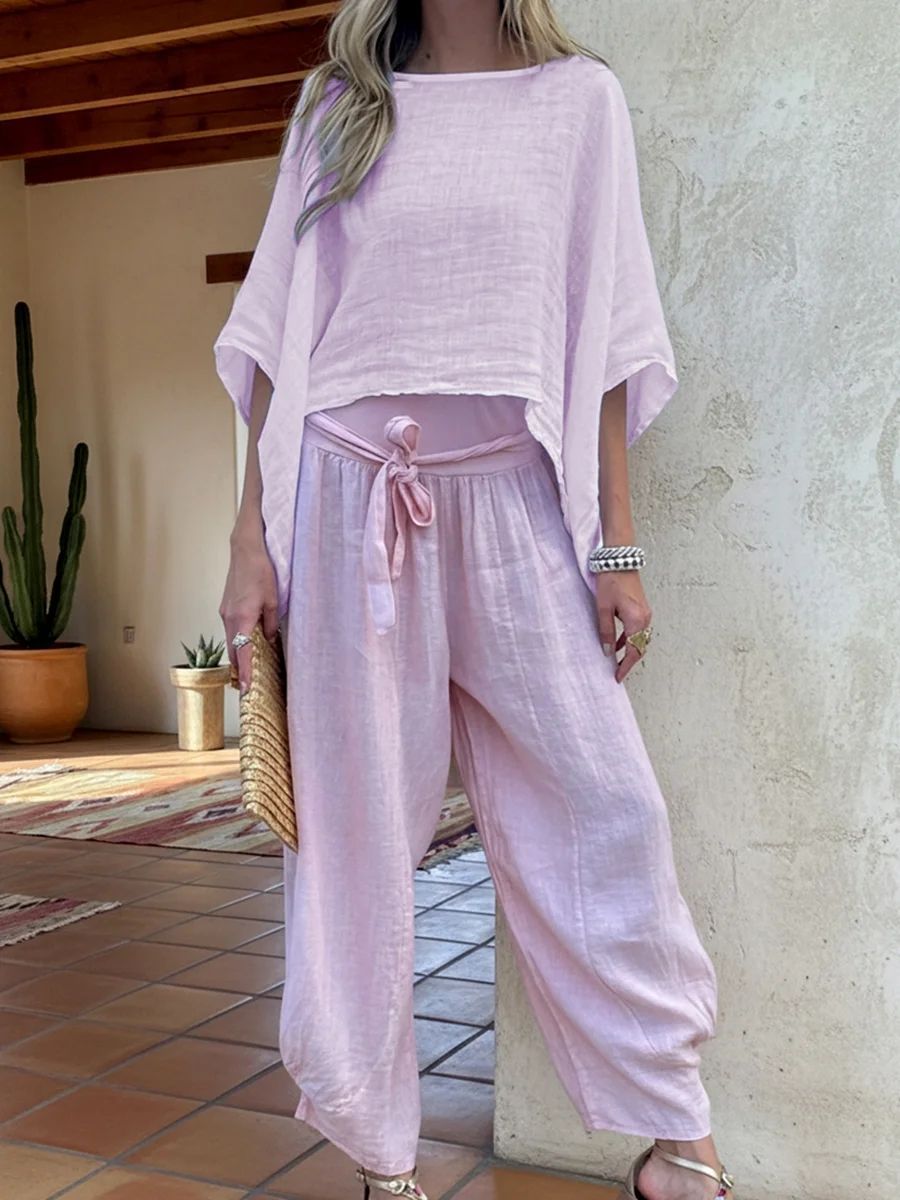 Women's Solid Color Tie Shirt and High-Waist Straight-Leg Pants Set