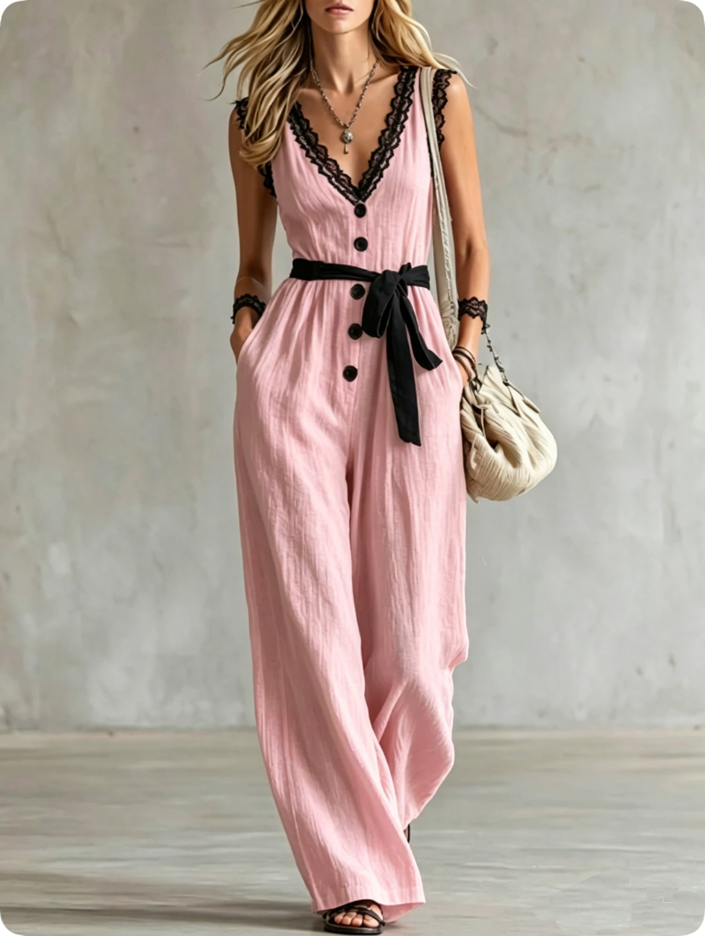 High-Waist Straight-Leg Wide-Leg Jumpsuit with Drape, Slimming, Faux Cotton-Linen