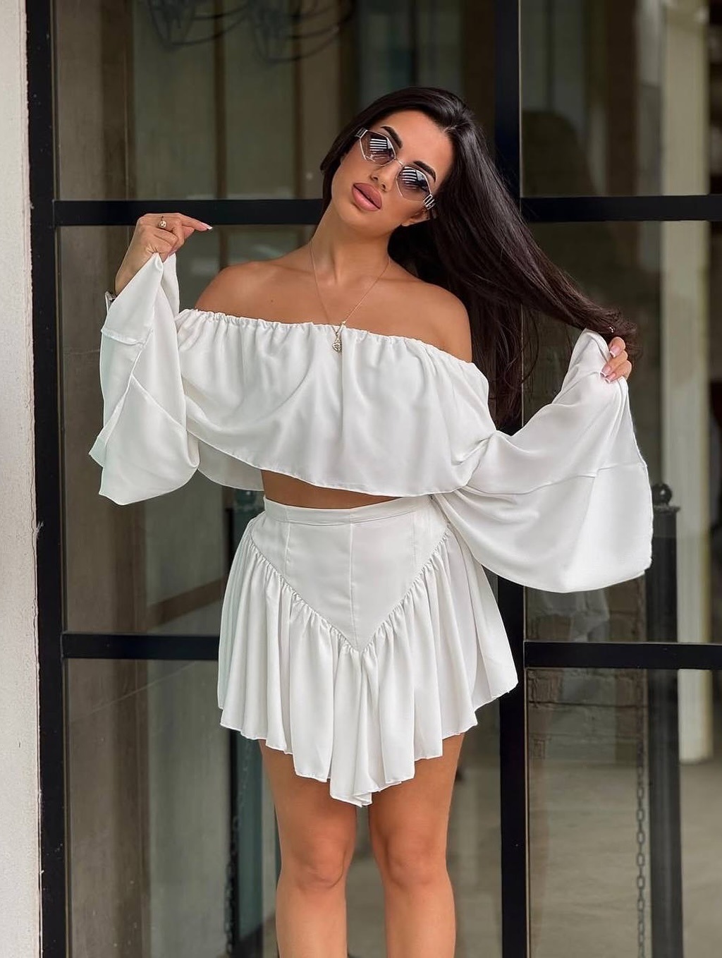 Women's Off-Shoulder Ruffle Top and High-Waist Mini Skirt Set