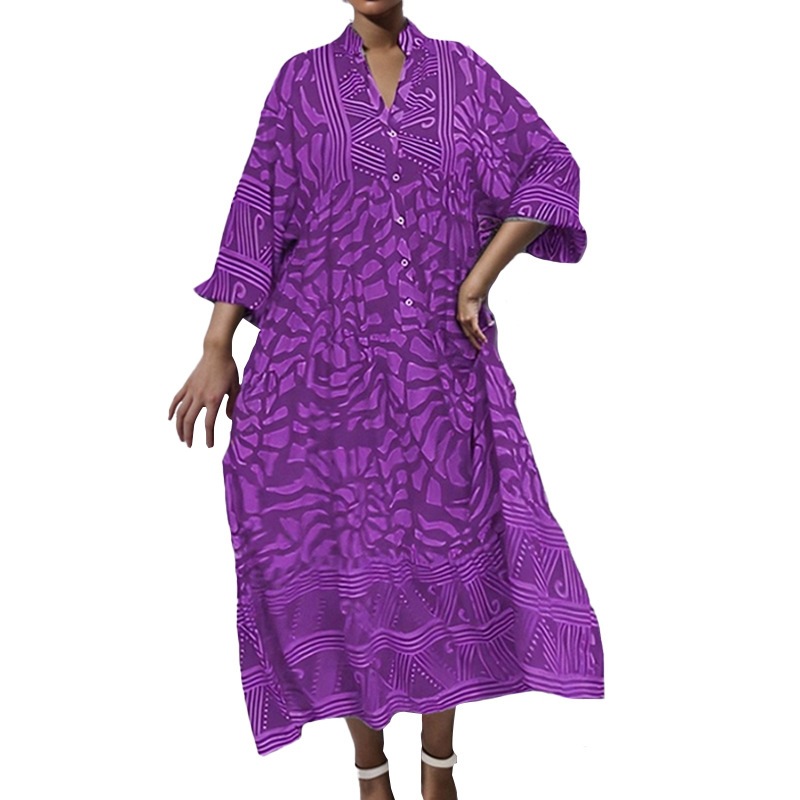 Floral Print Long Dress – Loose A-Line V-Neck Vacation Dress