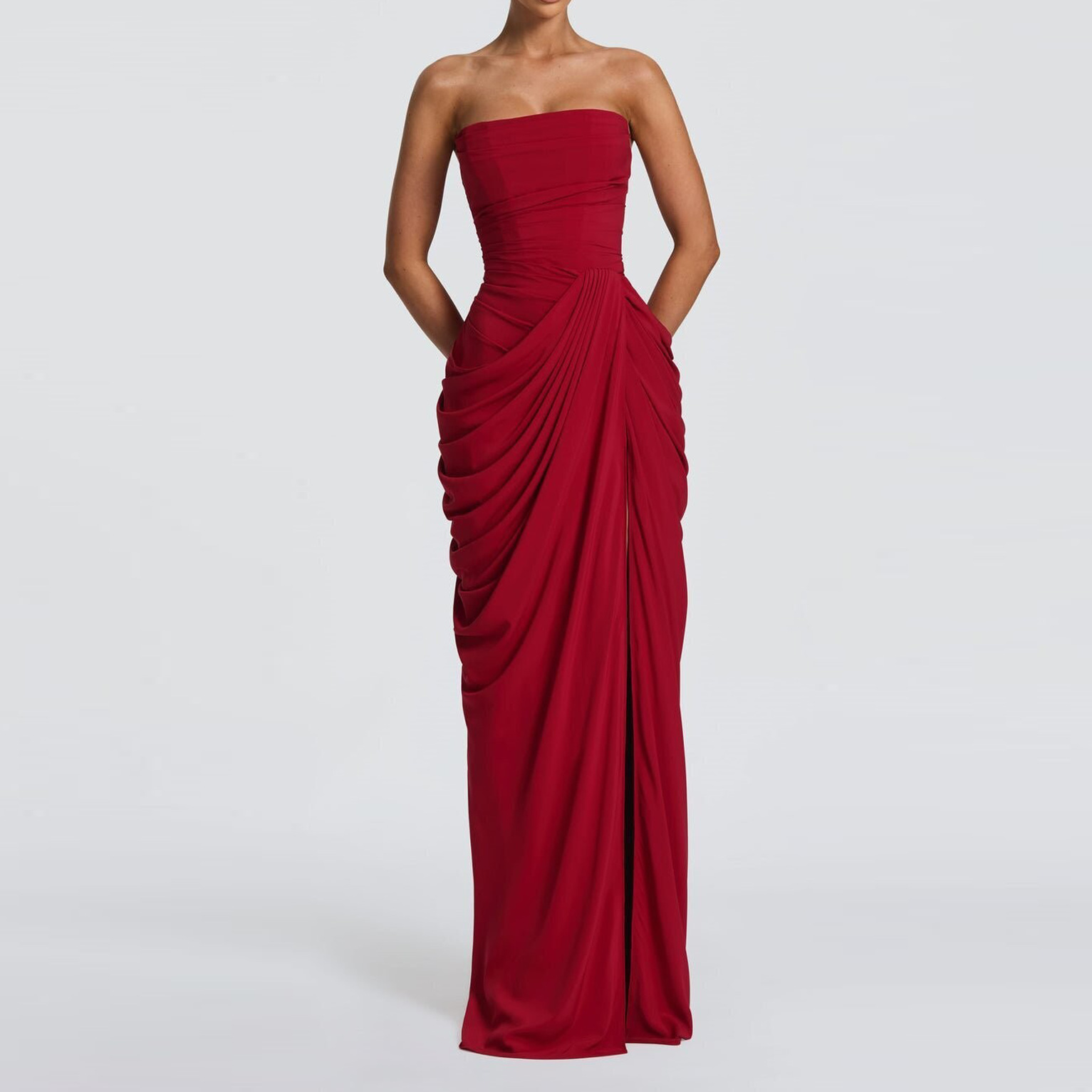 Elegant Solid Strapless High-Slit Long Dress