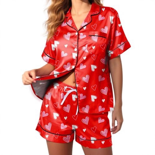 Women's Cuban Collar Bow Flamingo Heart Print Short Sleeve Set
