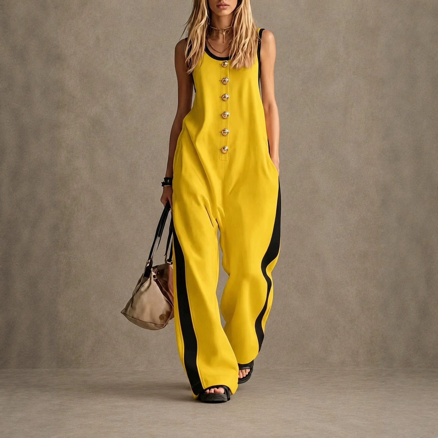 Women's Sleeveless Round Neck Colorblock Jumpsuit with Button Detail
