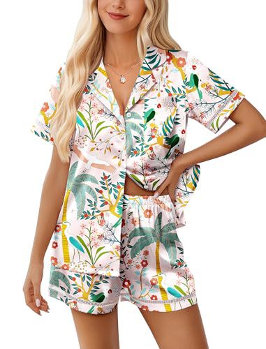 Women's Cuban Collar Short Sleeve Shirt Set Floral Solid Casual