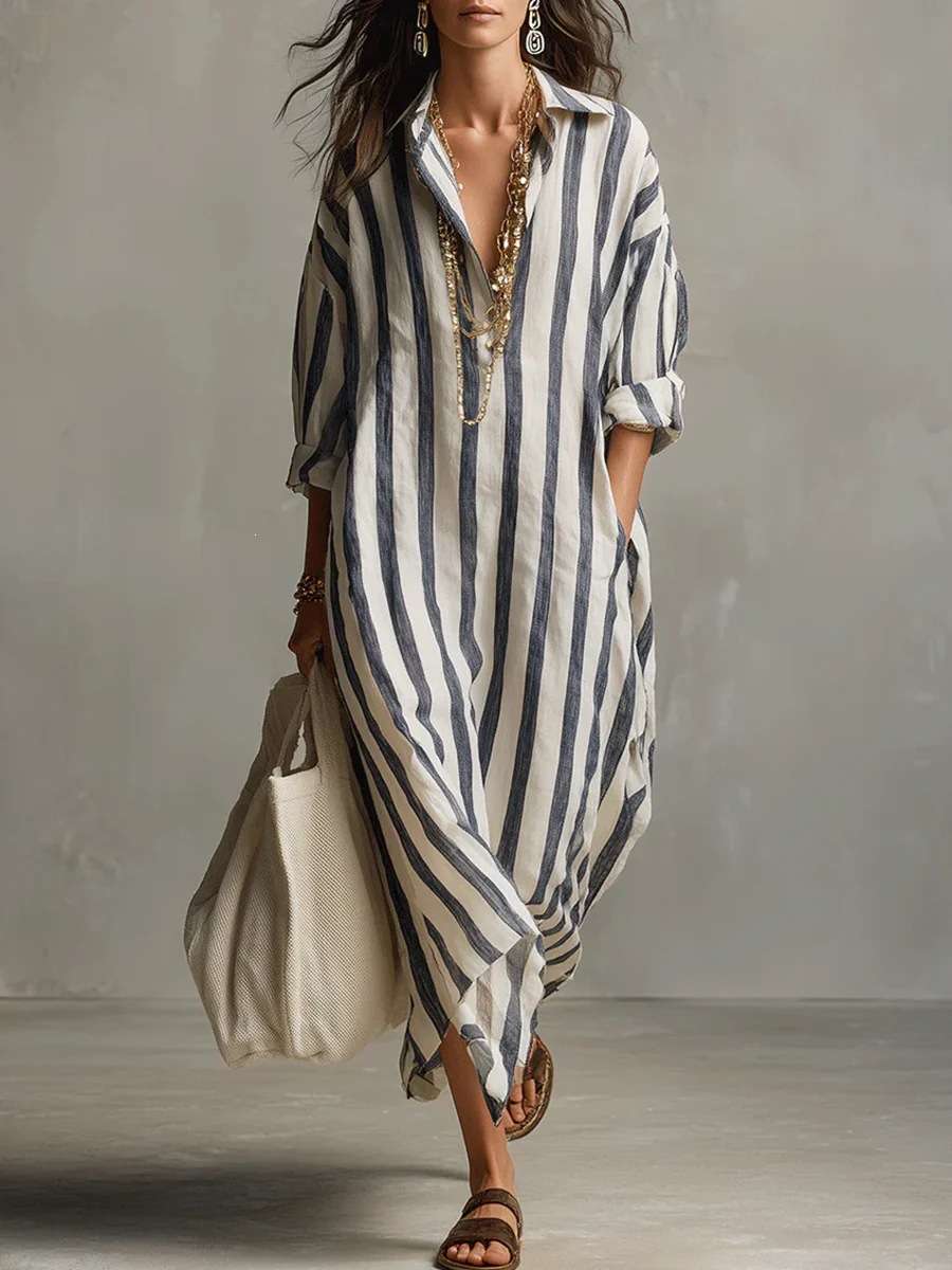 Women's Loose Long Striped Shirt Dress with Nine-Tenth Sleeves