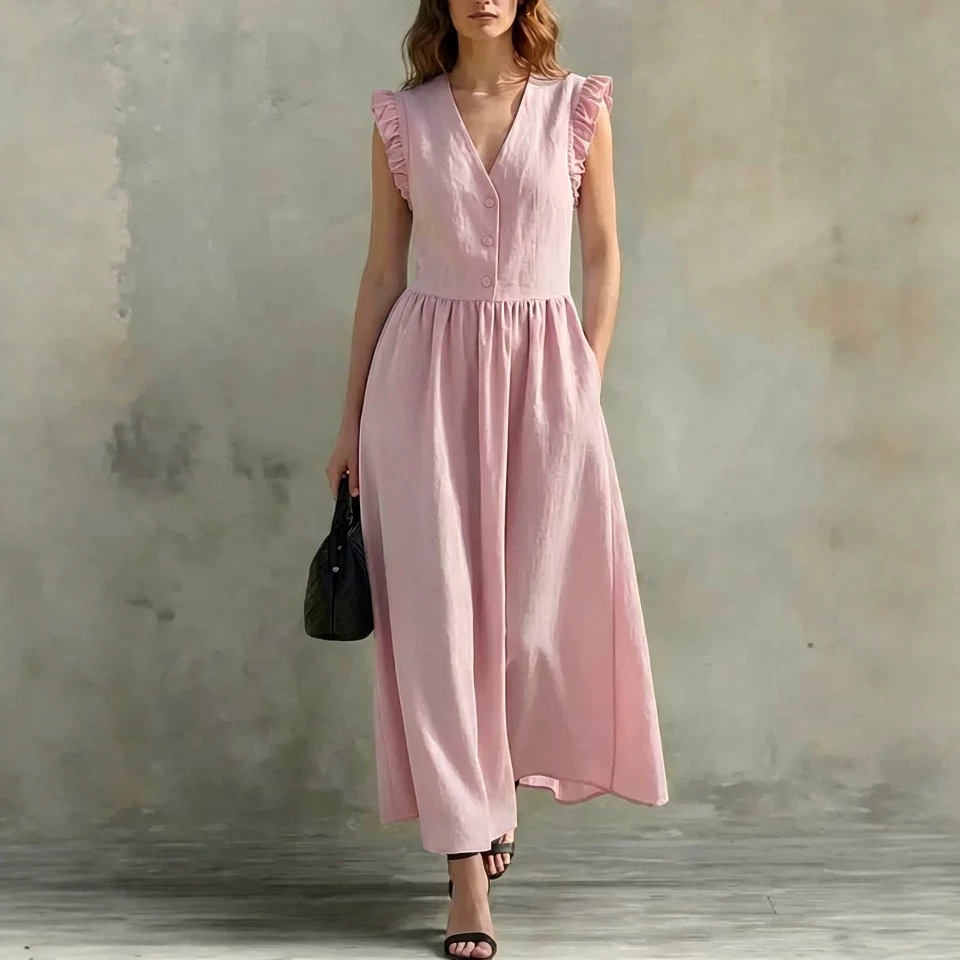 Women's Summer Ruffle Sleeve Solid Color Waist-Cinching Short Dress