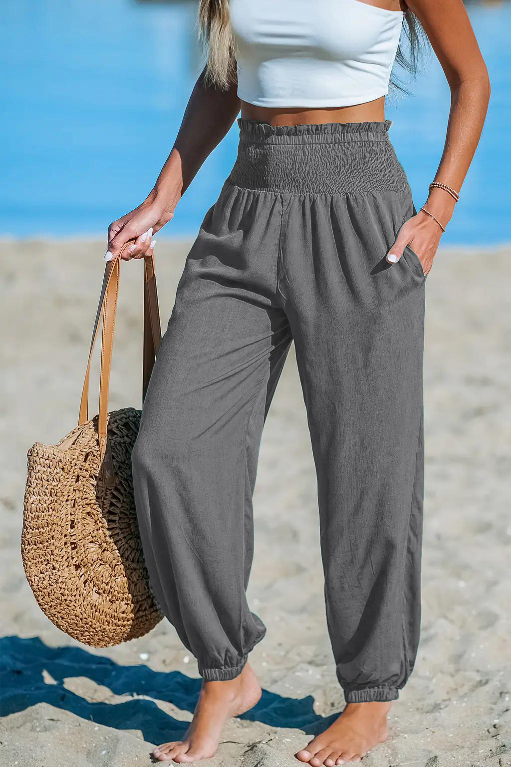 Women's Loose Fit Solid Color Elastic Waist Jogger Pants Casual Beach Trousers