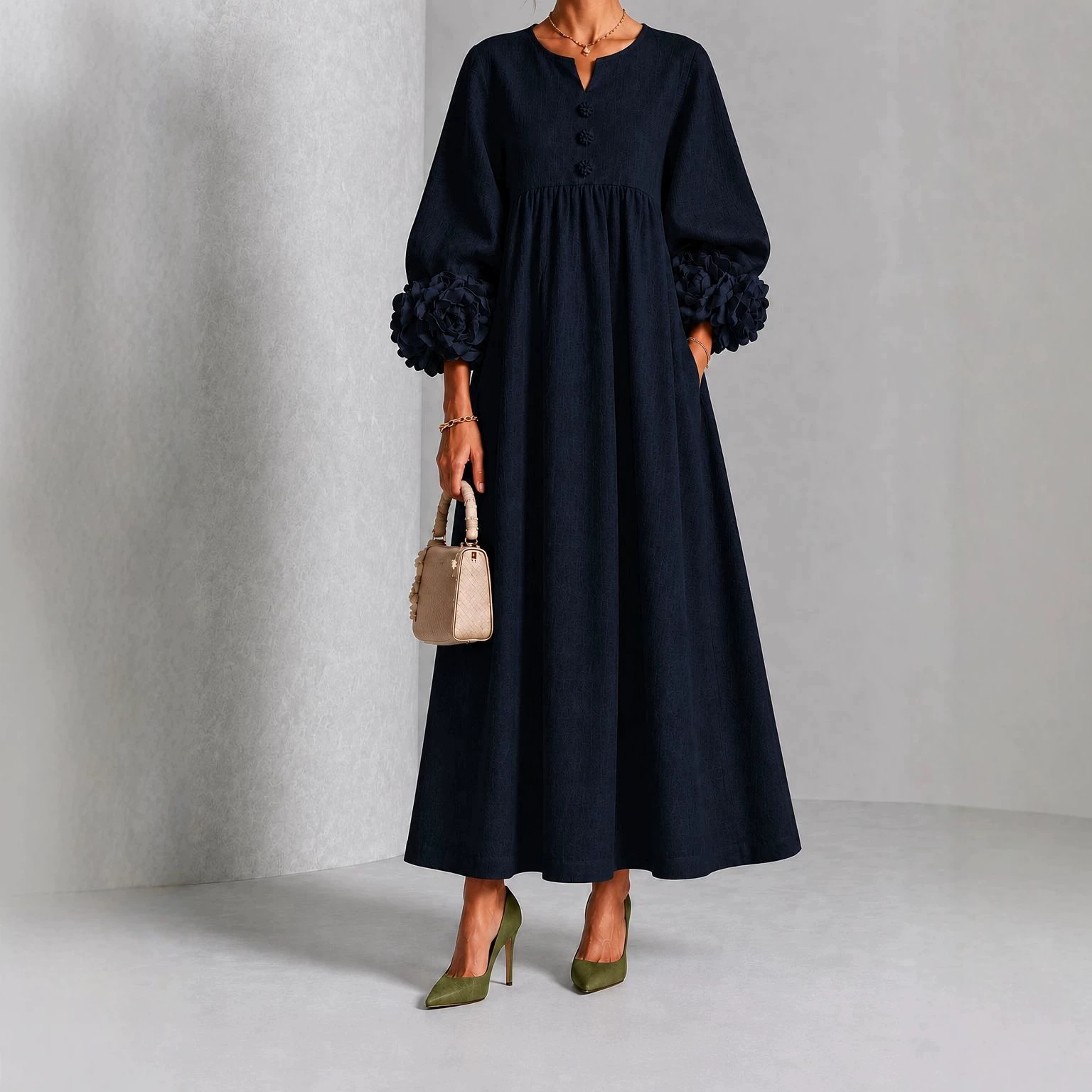 Women's Light Luxury Solid Color Dress with Floral Lantern Sleeves, V-Neck, High Waist, Pleated A-Line Long