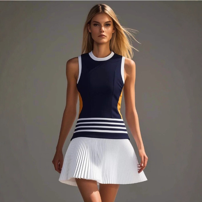 Navy and White Colorblock Pleated Mini Dress