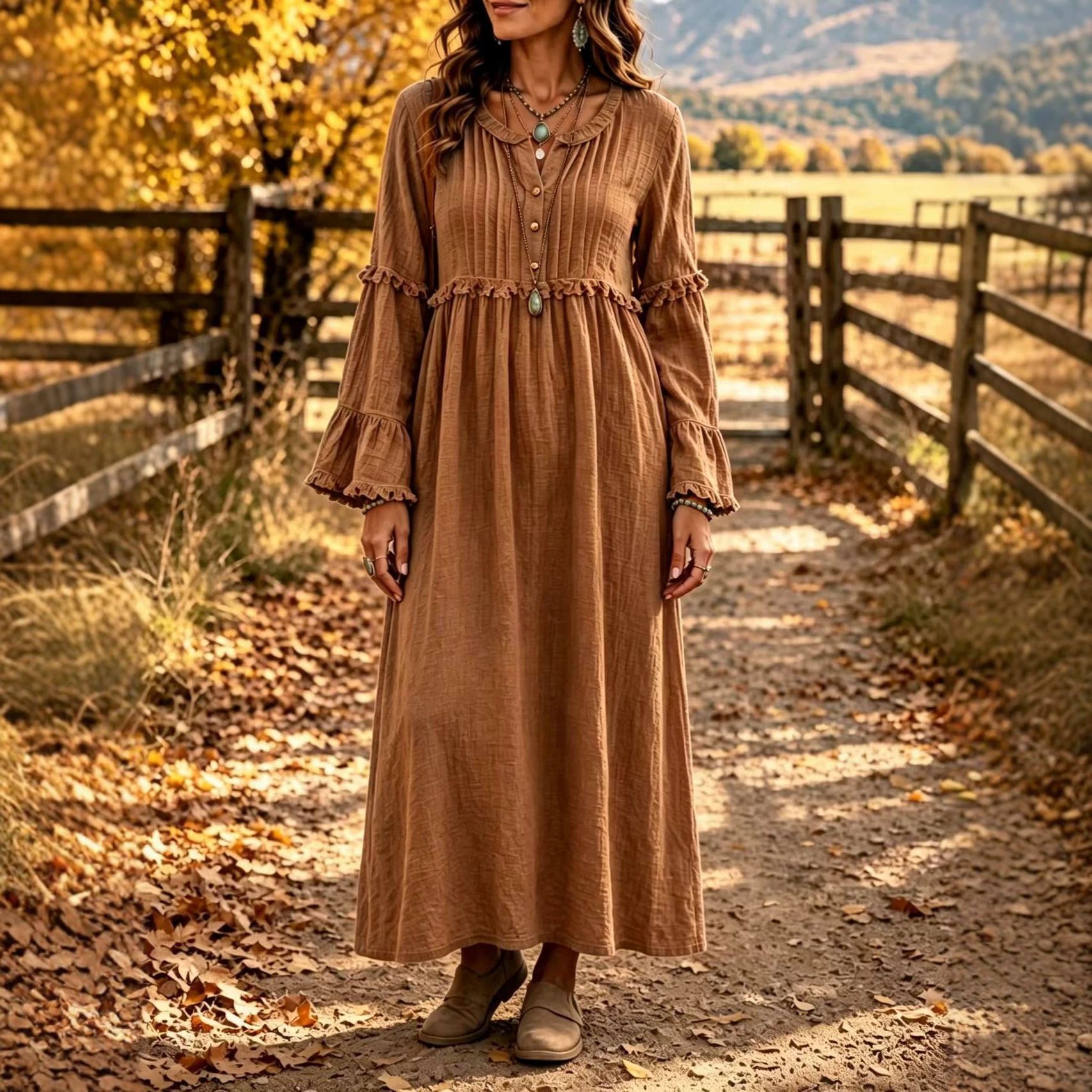 Lace Trim Fringe Button Loose Casual Dress