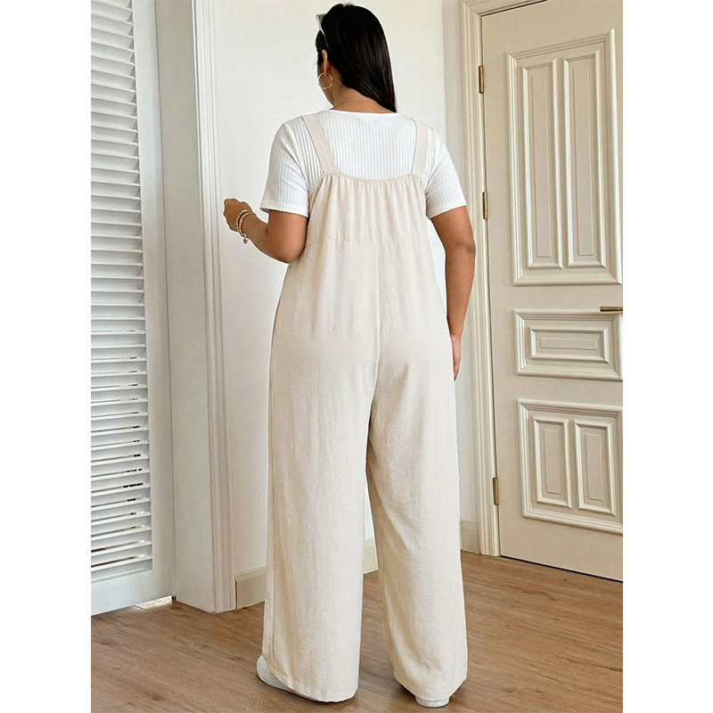 Women's Plus Size Beige Wide-Leg Jumpsuit with Straps