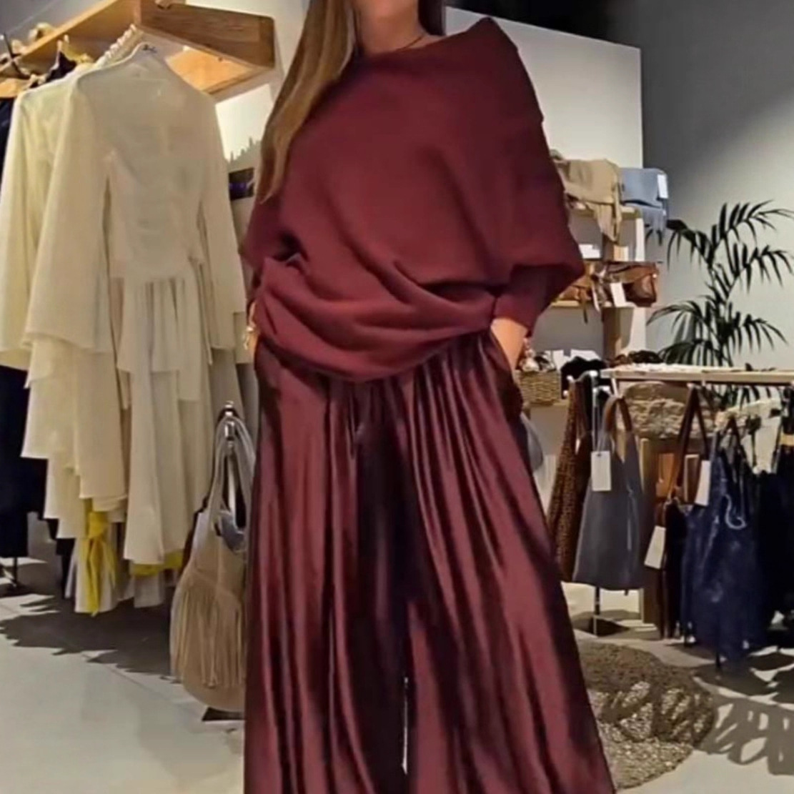Elegant Off-Shoulder Top and Satin Wide-Leg Pants Two-Piece Set