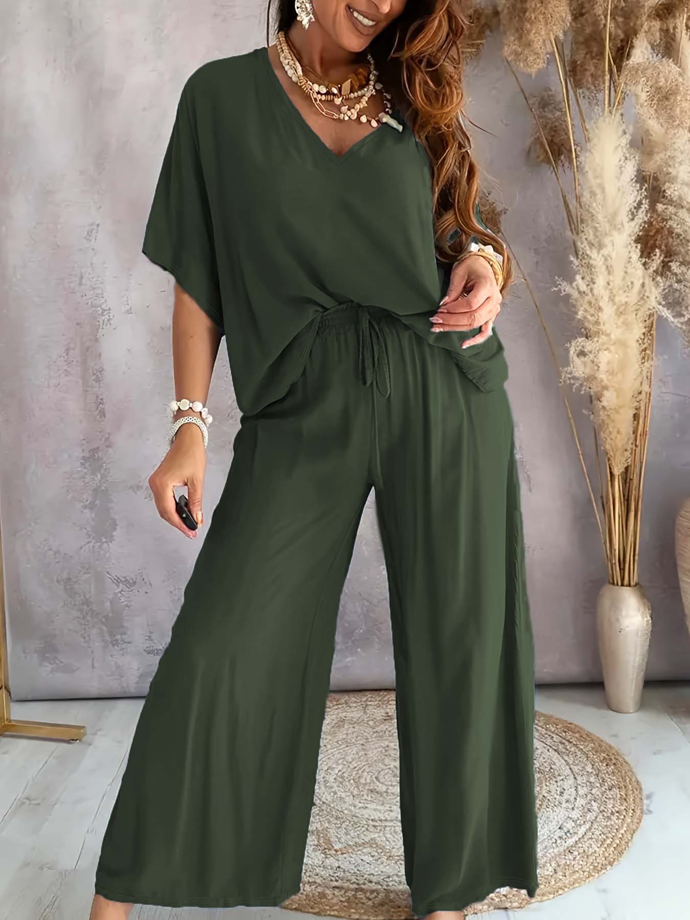 V-Neck Batwing Sleeve Wide-Leg Pants Set Women's Casual Loose Two-Piece