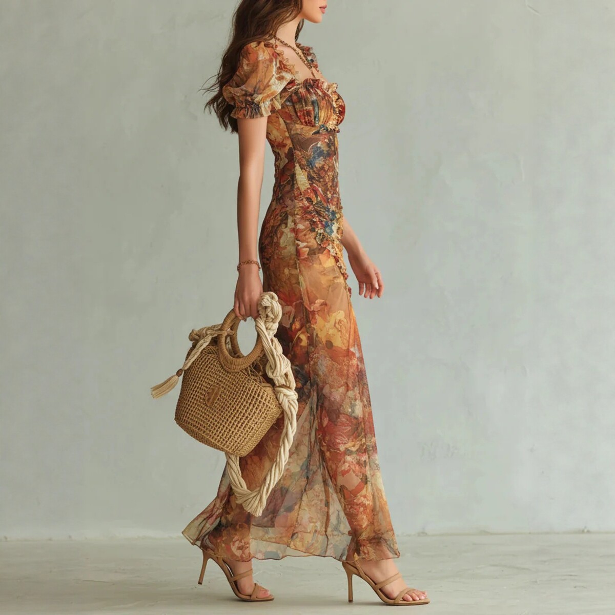 Square Neck Floral Print High-Waist Slit Maxi Dress