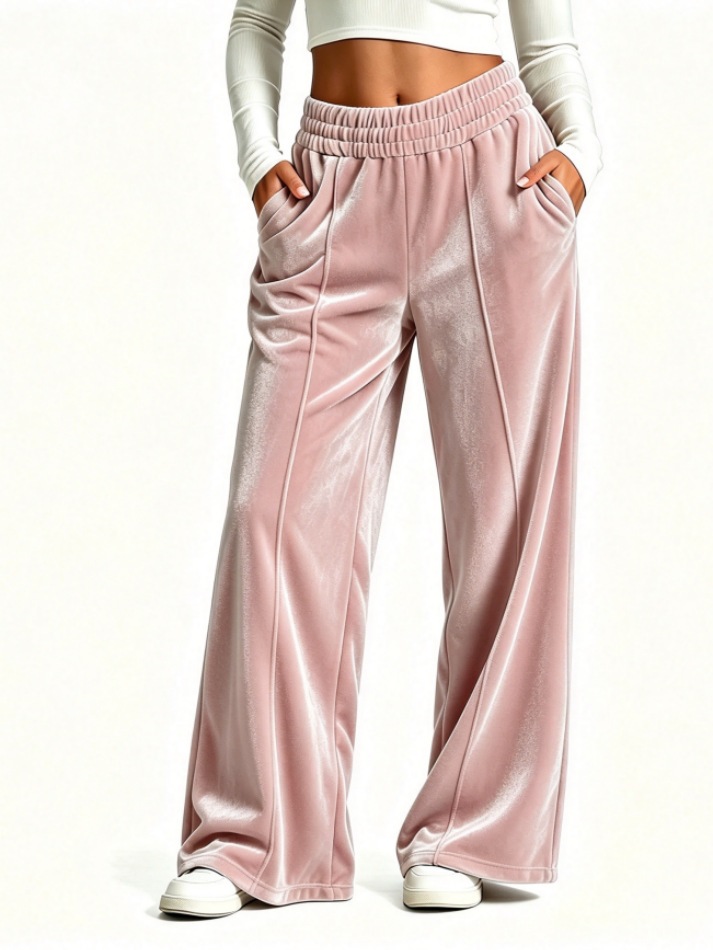 Women's Velvet Wide-Leg Pants Loose Fit Commuter Casual Drapey