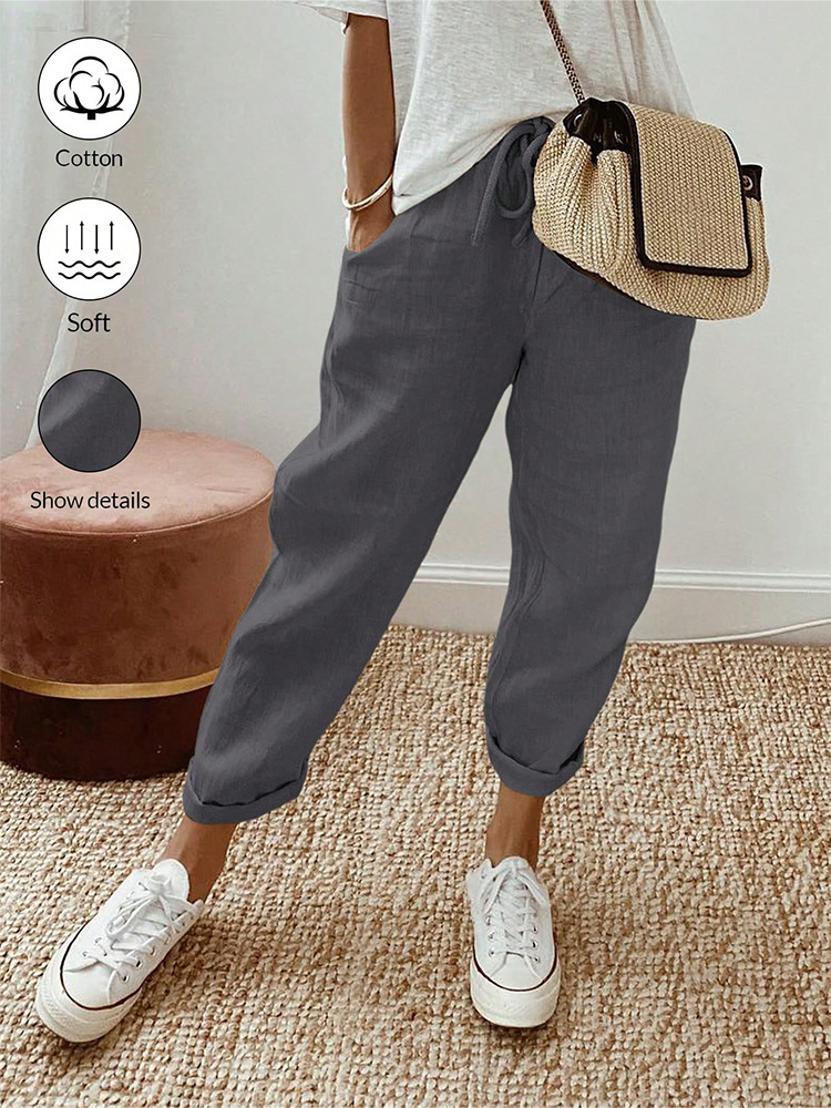 Women's Cotton Linen Cropped Pants with Pockets and Elastic Waist, Loose Casual