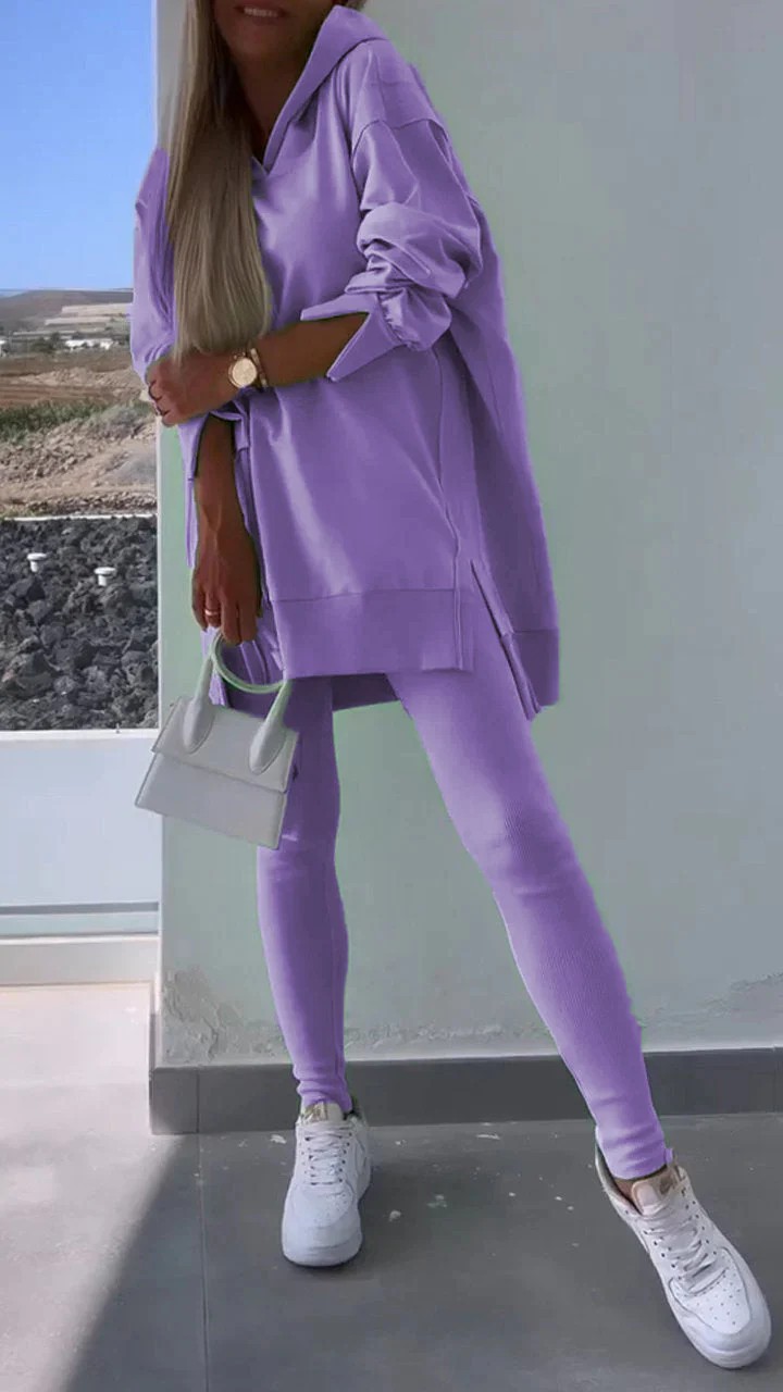 Women's Casual Hooded Split Top and Leggings Two-Piece Set