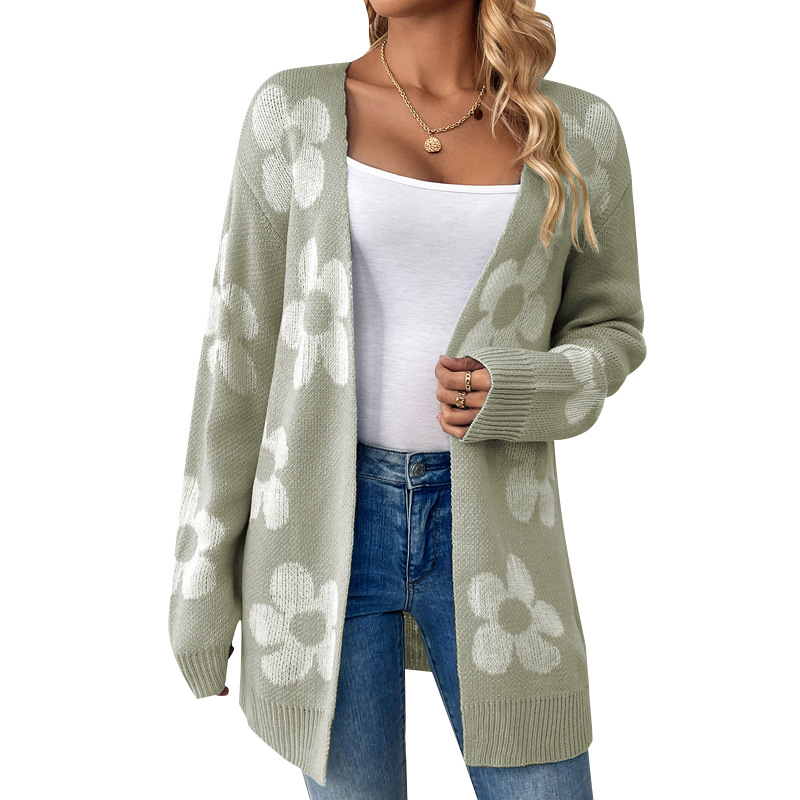Women's Midi Colorblock Floral V-Neck Knit Cardigan Sweater Coat