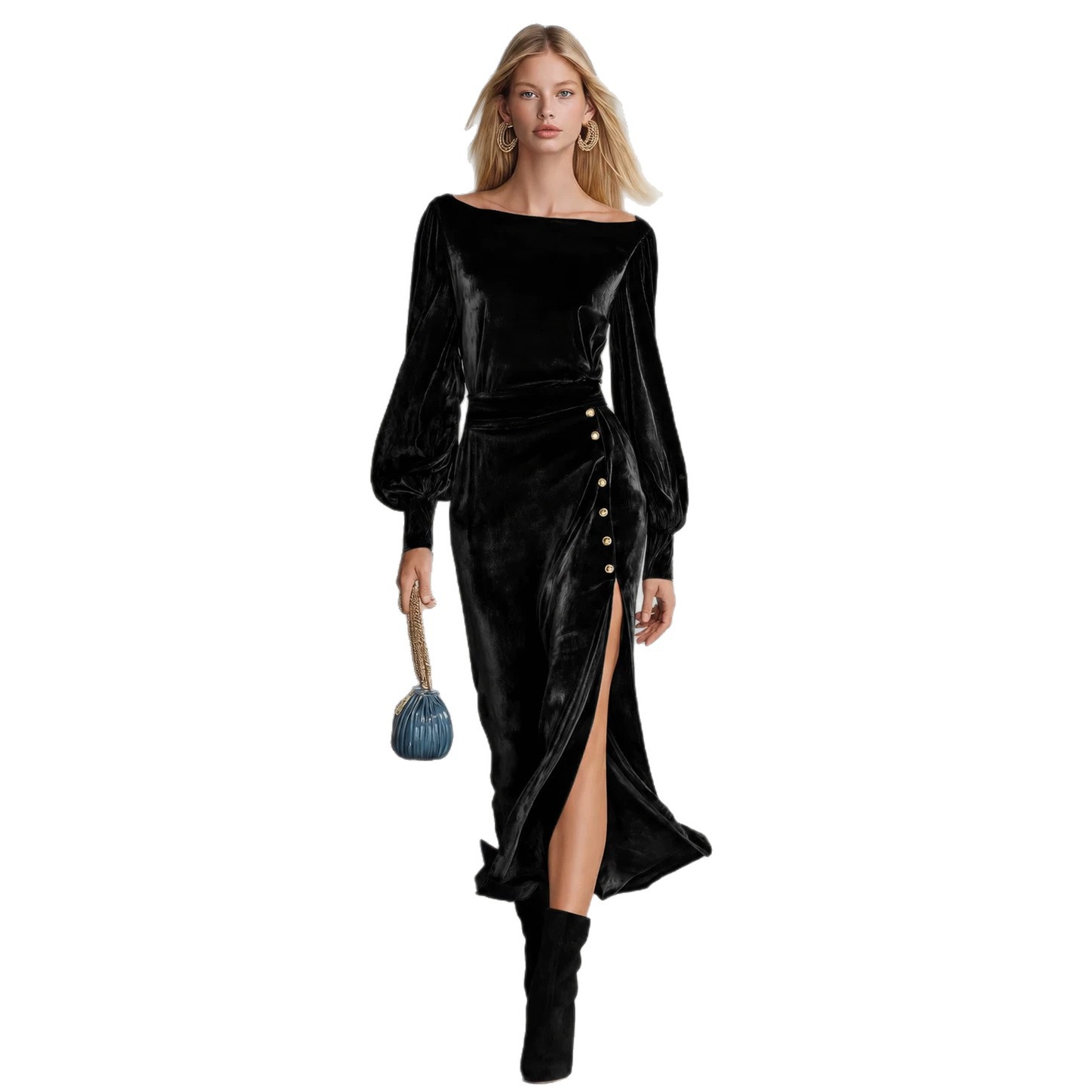 Elegant Off-Shoulder Long-Sleeve Velvet Maxi Dress with Buttons