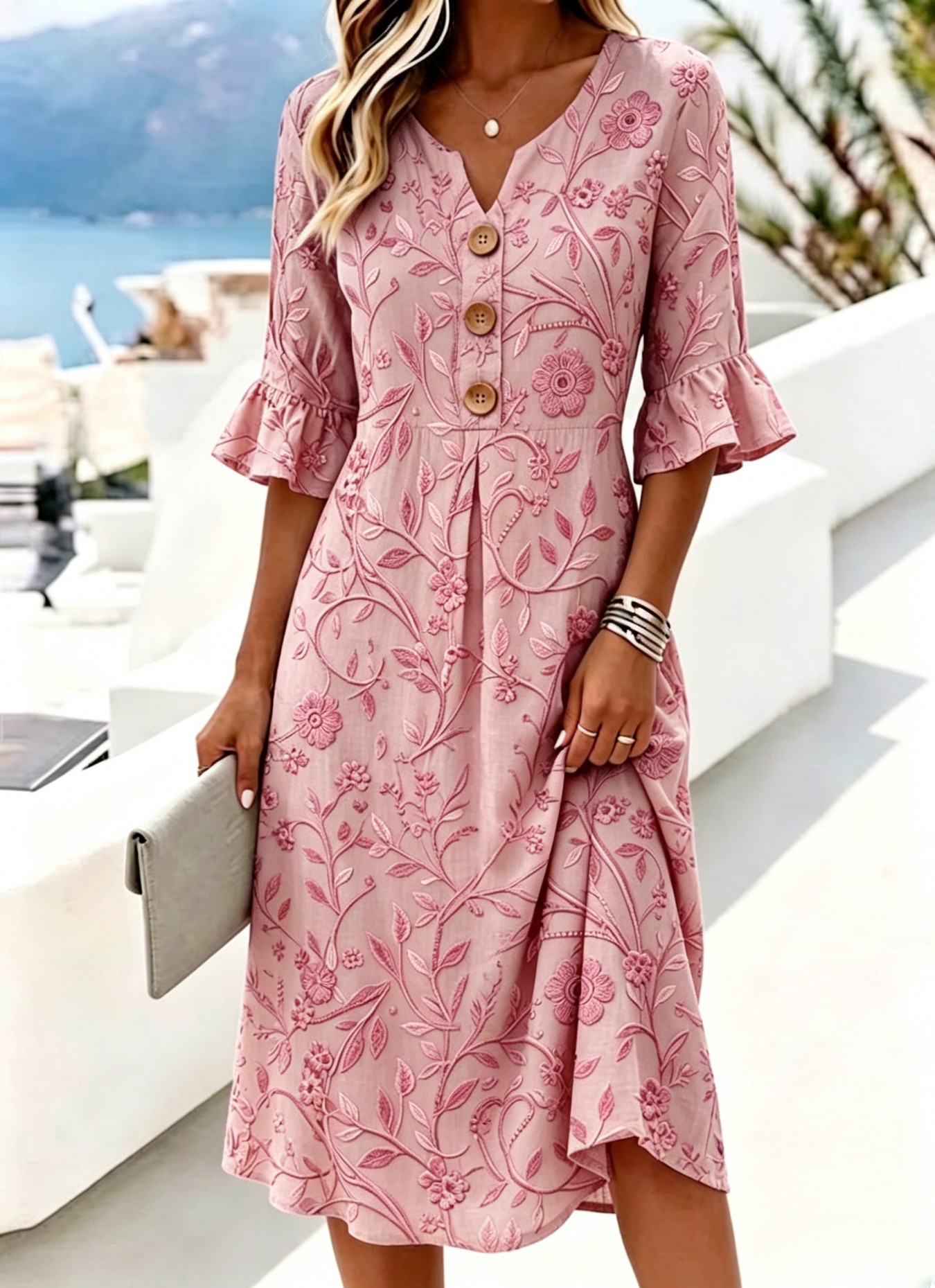 Women's Floral Print Button Midi Dress