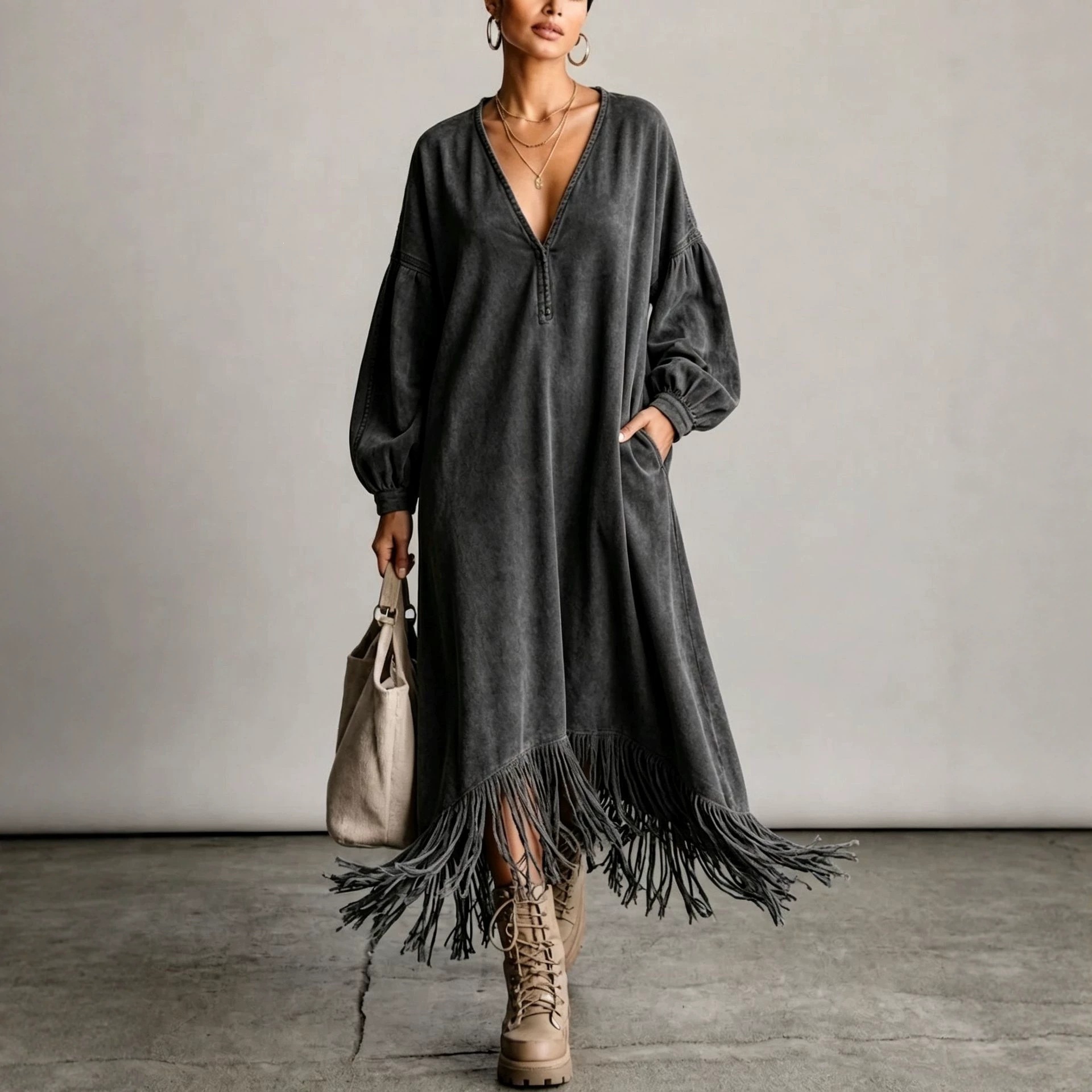 Suede Fringe V-Neck Midi Dress