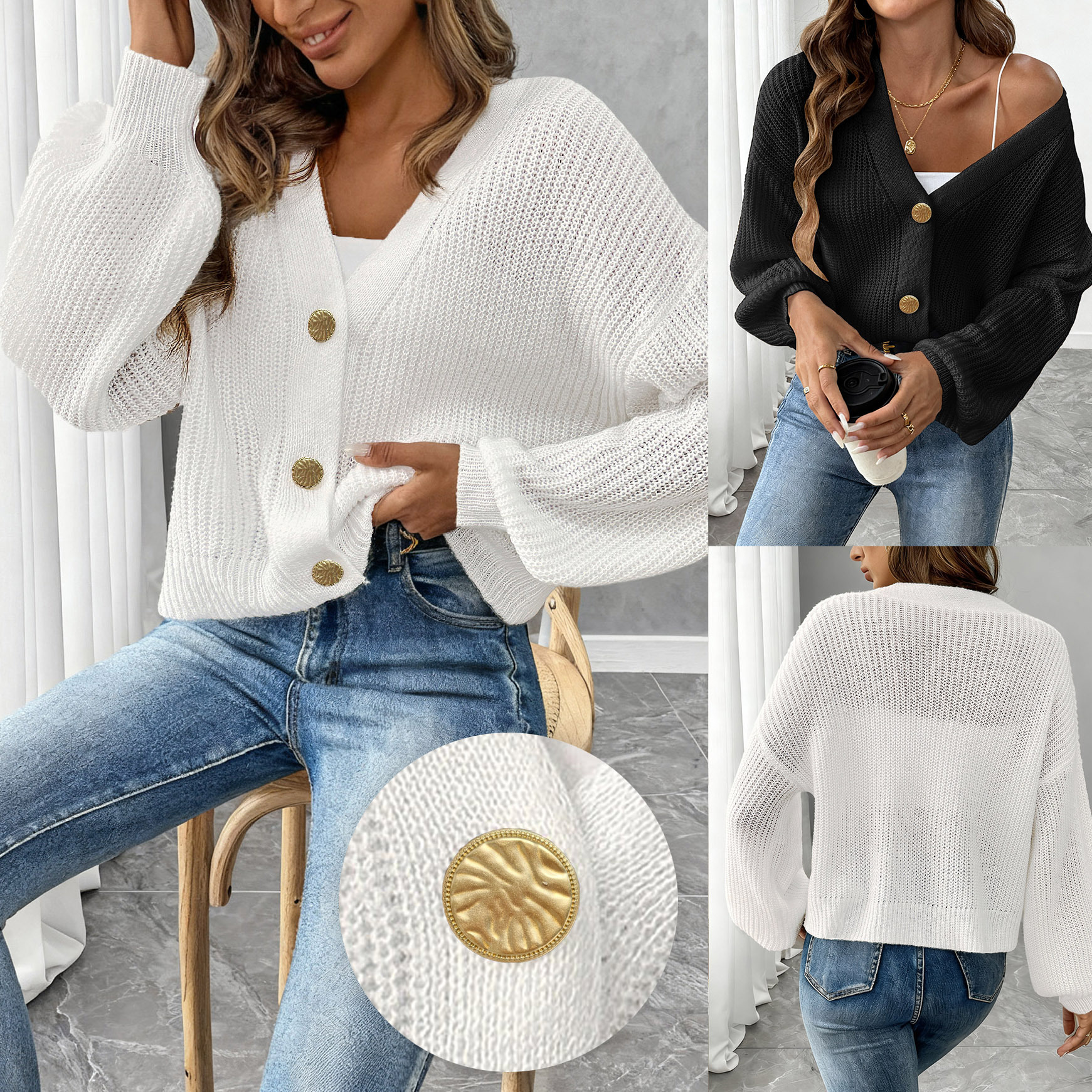 Women's Knit Cardigan Sweater with Gold Buttons