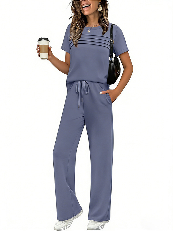 Women's Short Sleeve T-Shirt & Wide Leg Pants Set Casual Solid Color