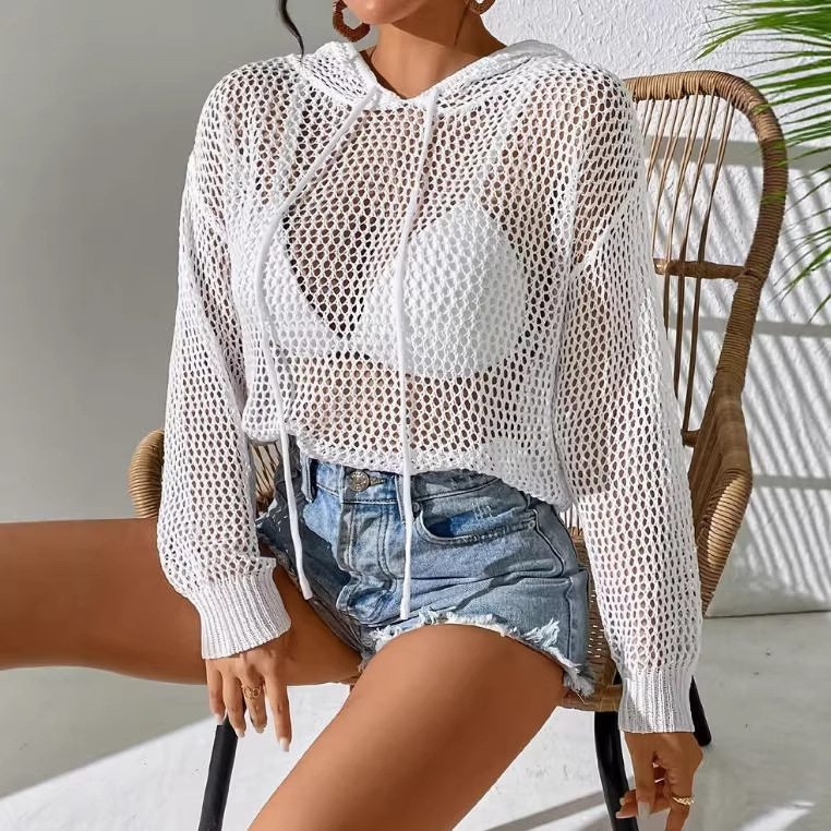 Women's Open Knit Hooded Long Sleeve Sun Protection Top