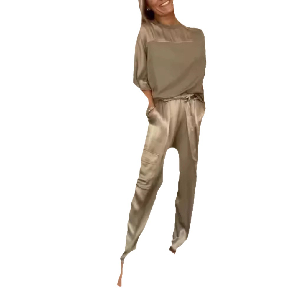 Women's Satin Half-Sleeve Top and Pants Two-Piece Set