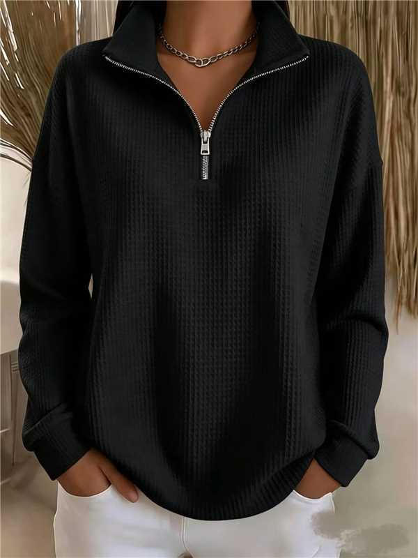 Women's Waffle Knit Half-Zip Hoodie Loose Fit Solid Color Top
