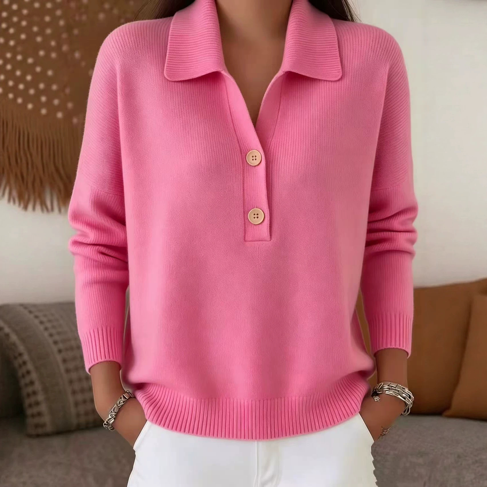 Women's Knit Sweater with Collar and Button Half-Placket Loose Casual