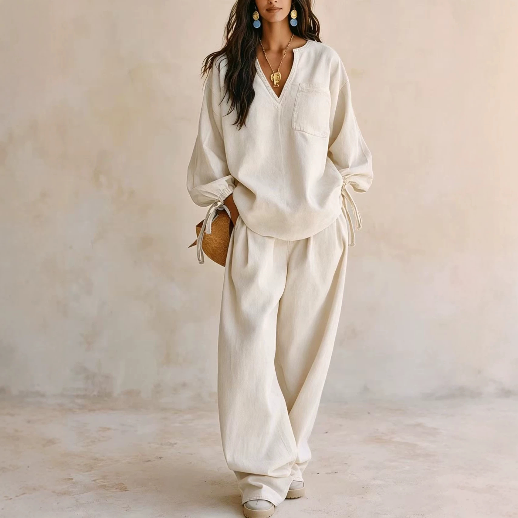 Women's Casual Long Sleeve Wide Leg Pants Solid Color Set